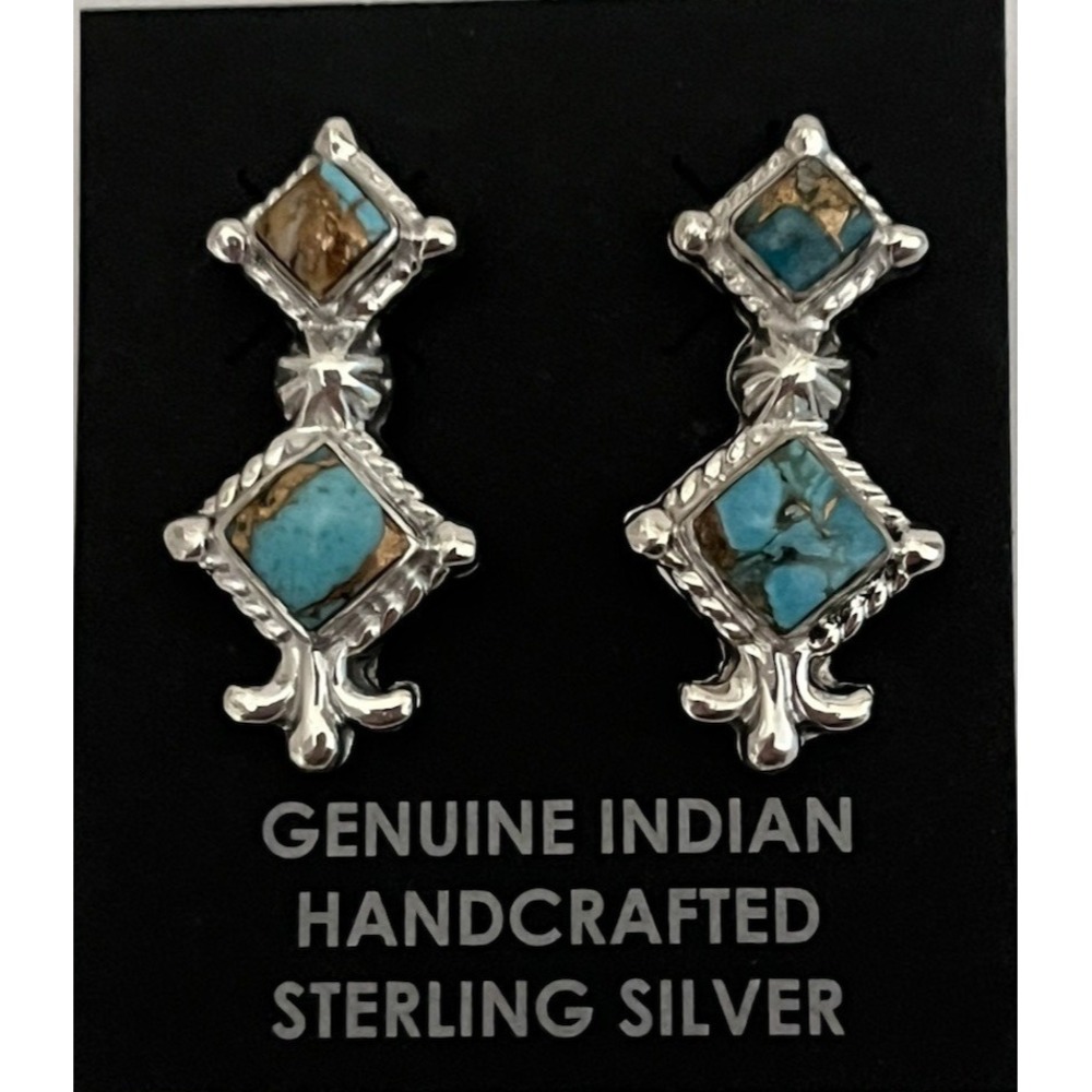 Navajo Native American Sadie Jim Sterling Silver Turquoise Spiny Earrings Post - Picture 5 of 9